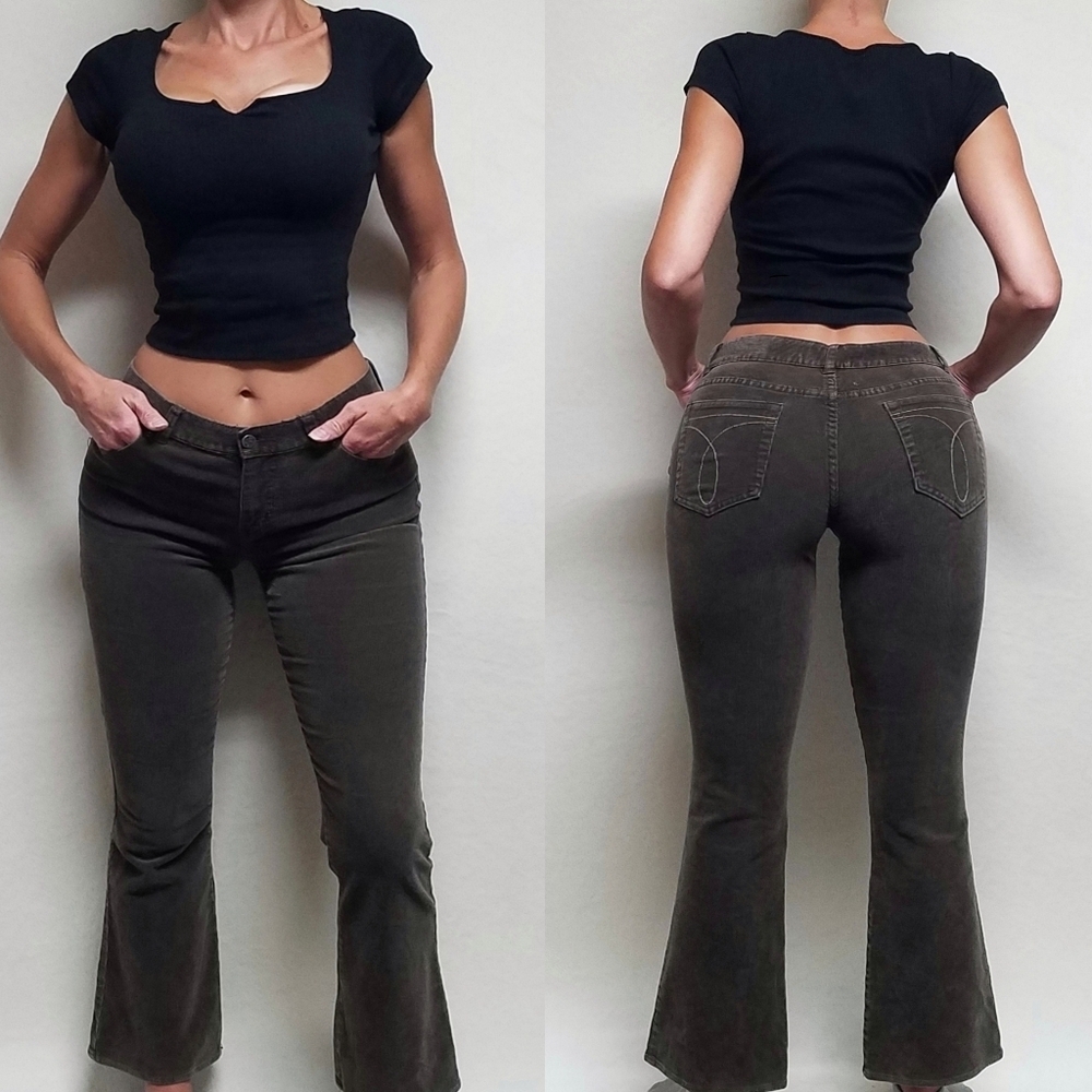 90s Vintage Calvin Klein Stretchy Ash Brown Corduroy Mid Rise Crop Flare Jeans 6